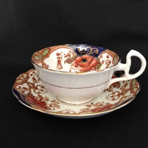 Vintage BELL Bone China Tea Cup & Saucer Cobalt Blue with Red Flower - Picture 2 of 8